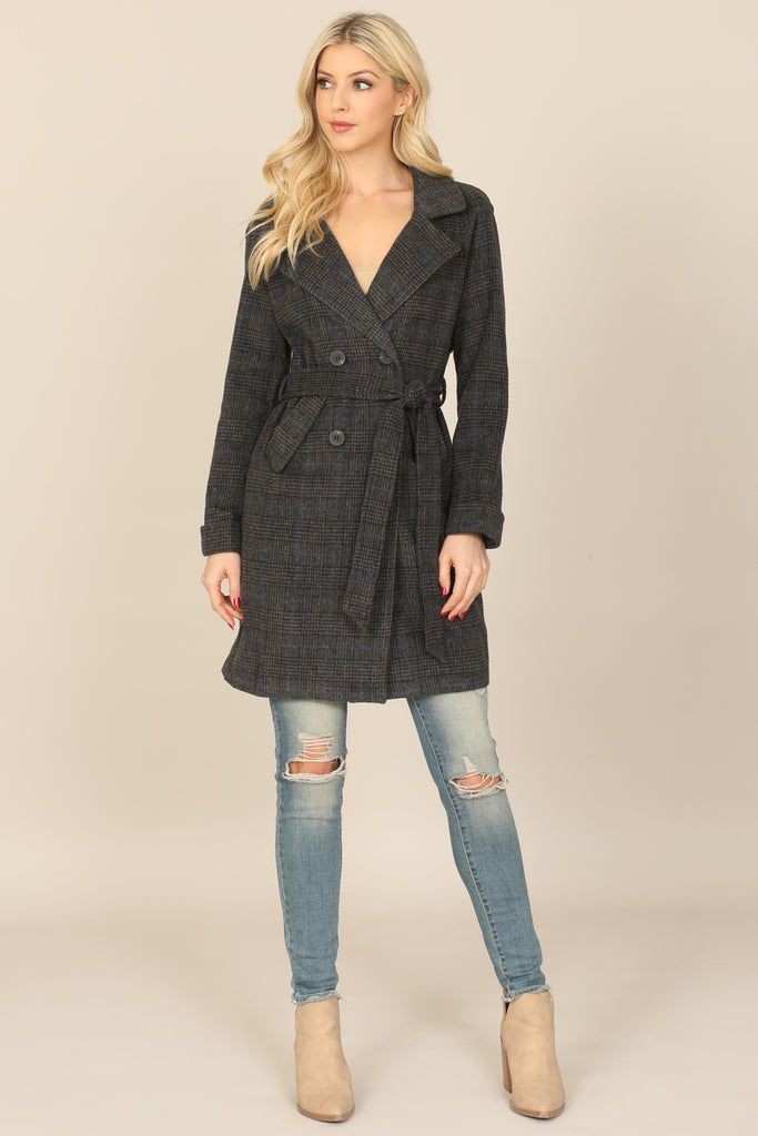 SEAMLESS PLAID WAIST TIE WRAP COAT JACKET