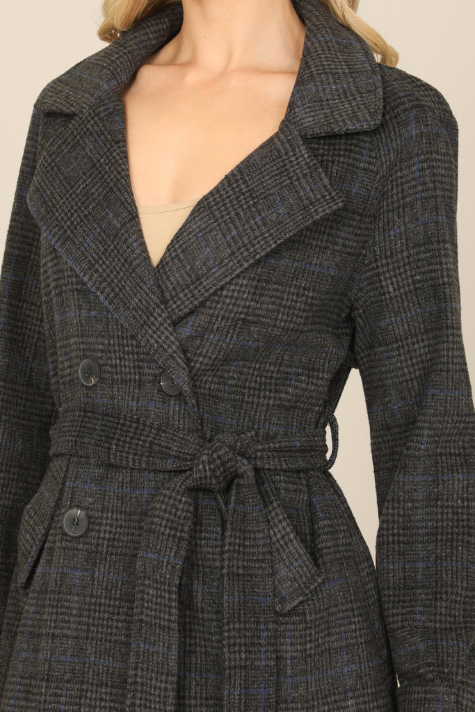 SEAMLESS PLAID WAIST TIE WRAP COAT JACKET