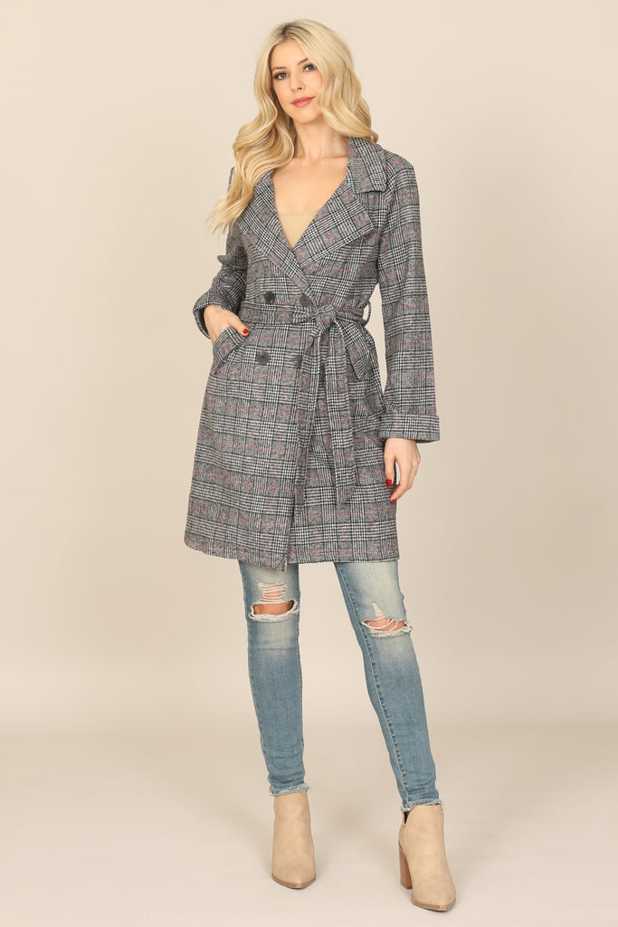 SEAMLESS PLAID WAIST TIE WRAP COAT JACKET