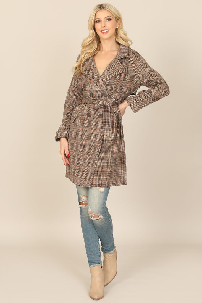 SEAMLESS PLAID WAIST TIE WRAP COAT JACKET