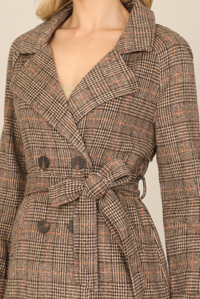 SEAMLESS PLAID WAIST TIE WRAP COAT JACKET