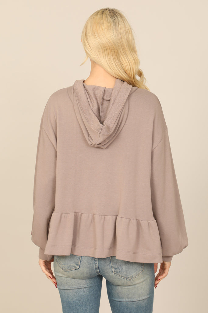 HOODIE LONG PUFF SLEEVE RUFFLED HEM PEPLUM TOP