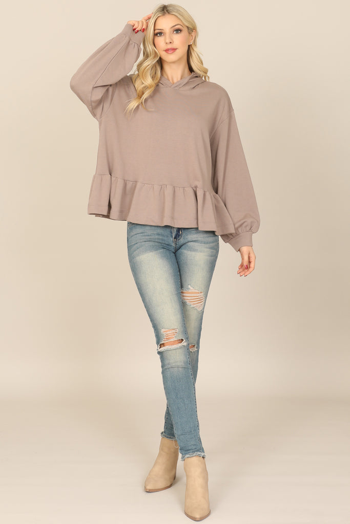 HOODIE LONG PUFF SLEEVE RUFFLED HEM PEPLUM TOP