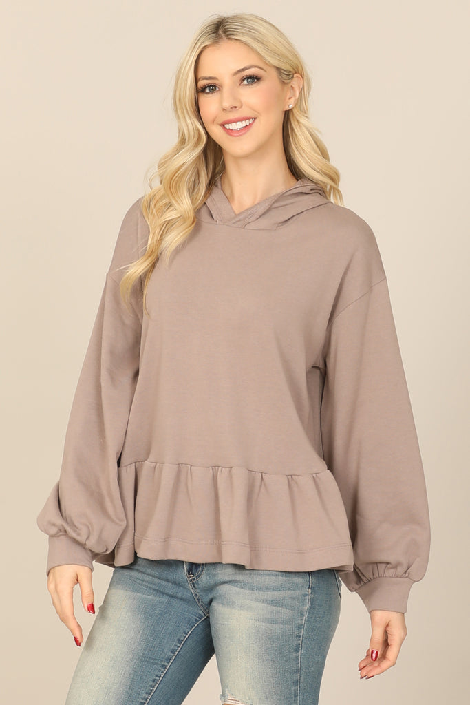 HOODIE LONG PUFF SLEEVE RUFFLED HEM PEPLUM TOP