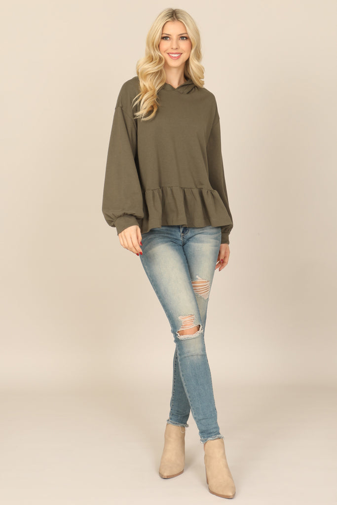 HOODIE LONG PUFF SLEEVE RUFFLED HEM PEPLUM TOP