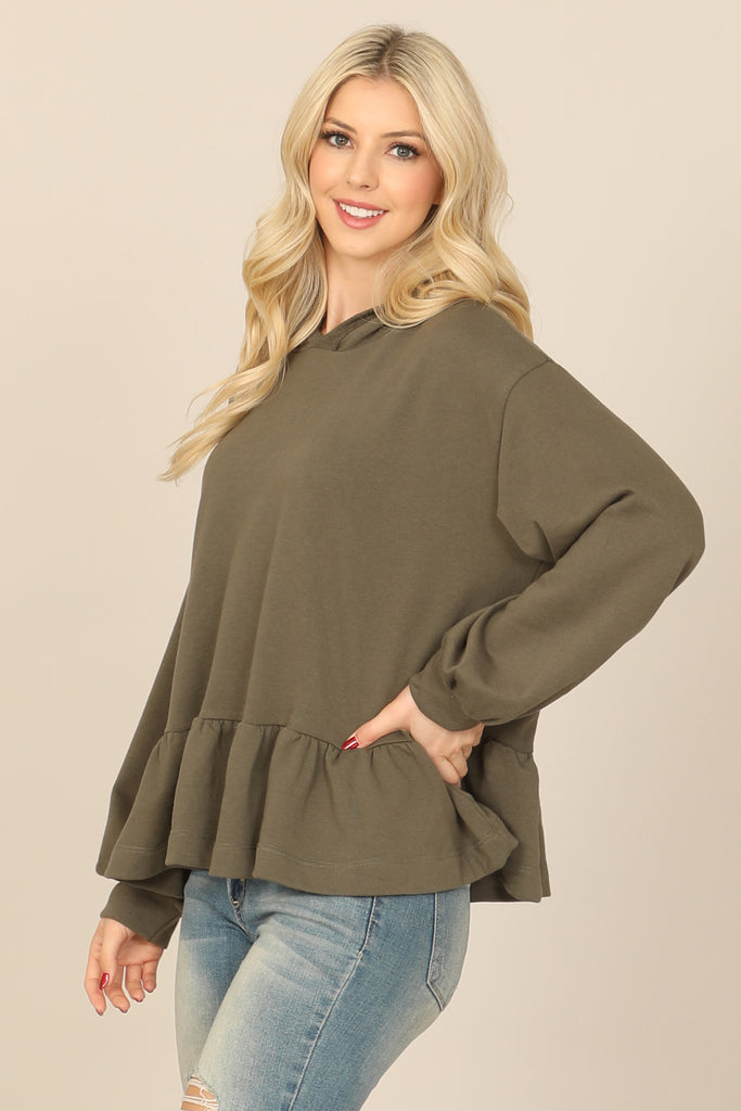 HOODIE LONG PUFF SLEEVE RUFFLED HEM PEPLUM TOP