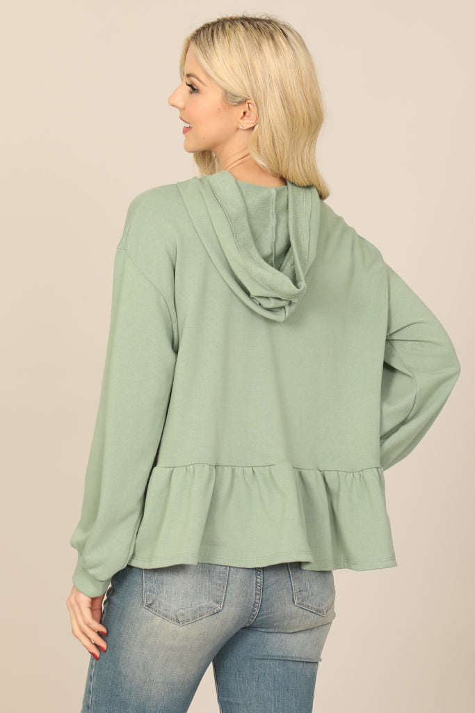 HOODIE LONG PUFF SLEEVE RUFFLED HEM PEPLUM TOP