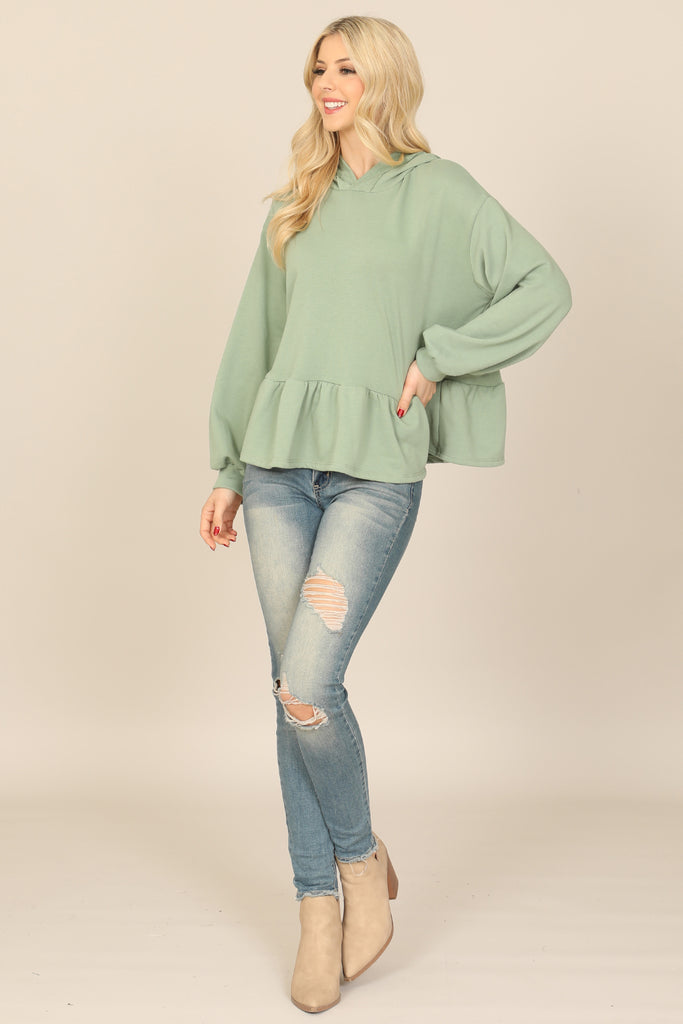 HOODIE LONG PUFF SLEEVE RUFFLED HEM PEPLUM TOP