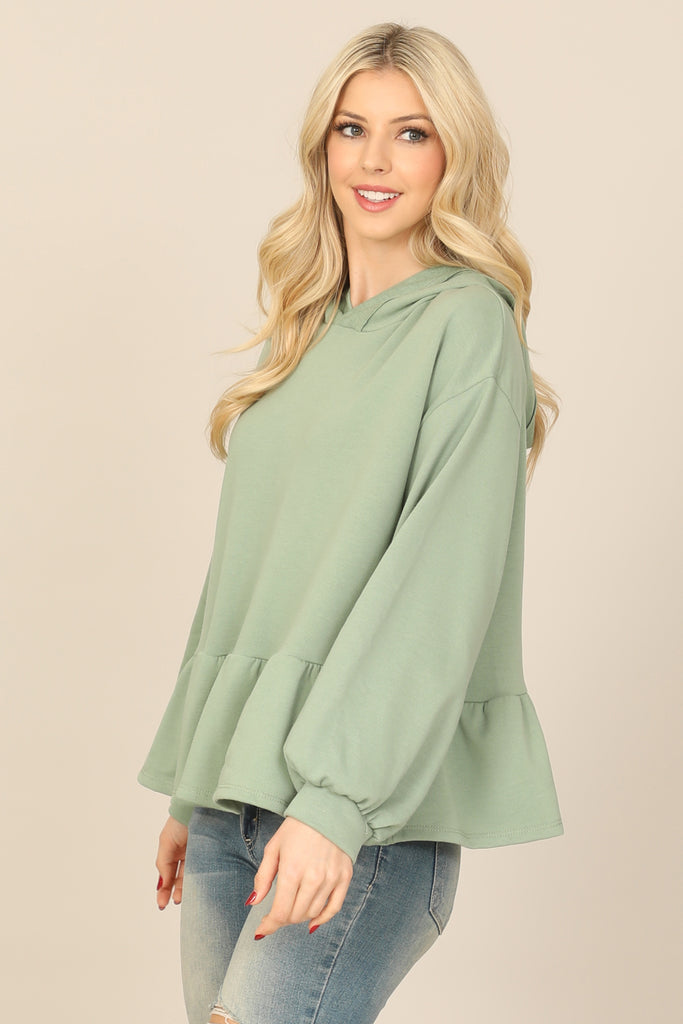 HOODIE LONG PUFF SLEEVE RUFFLED HEM PEPLUM TOP