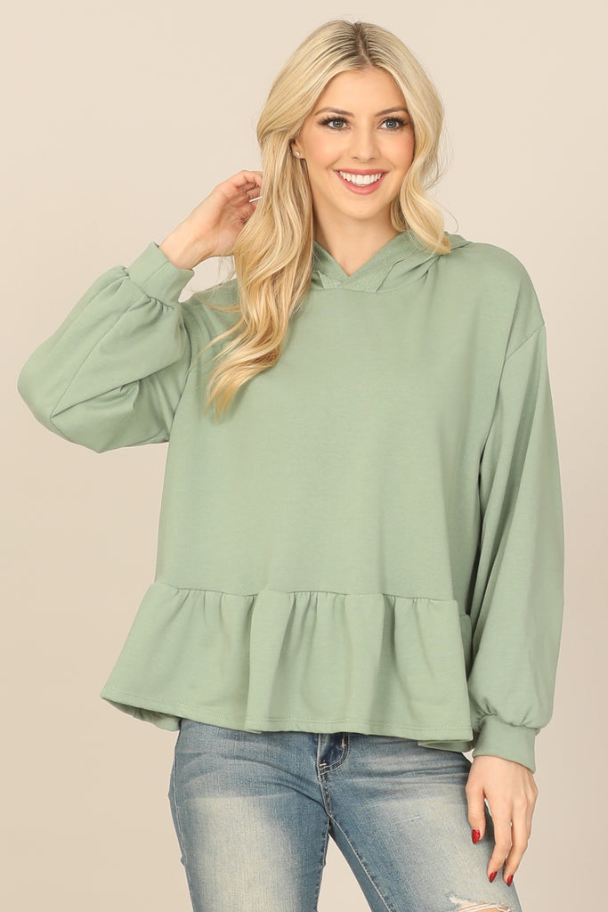 HOODIE LONG PUFF SLEEVE RUFFLED HEM PEPLUM TOP