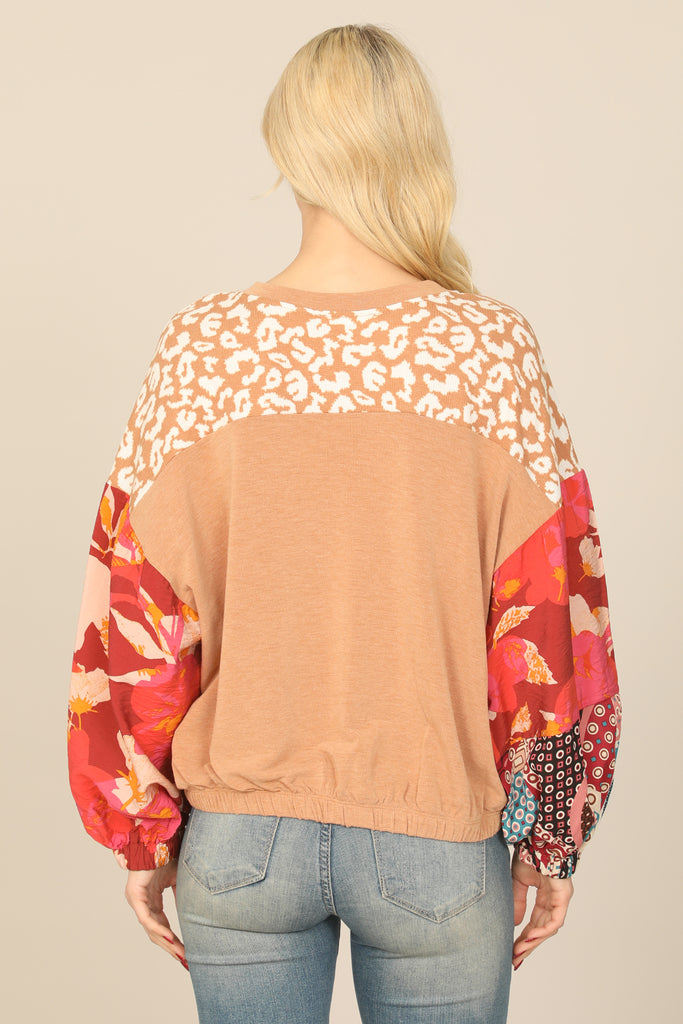 MULTI PRINT LONG PUFF SLEEVE TOP