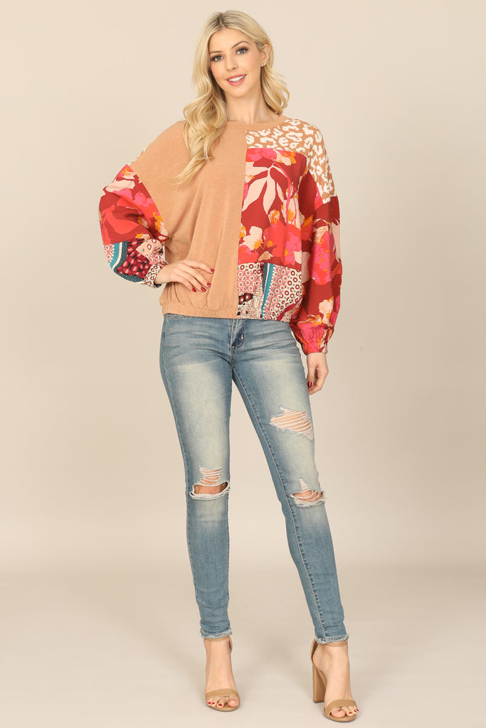 MULTI PRINT LONG PUFF SLEEVE TOP