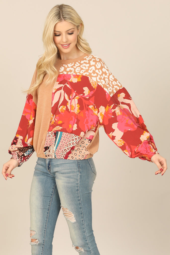 MULTI PRINT LONG PUFF SLEEVE TOP