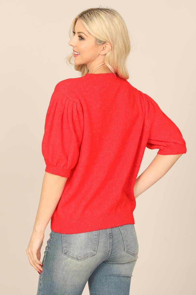 KNITTED HALF PUFF SLEEVE ROUND NECK TOP