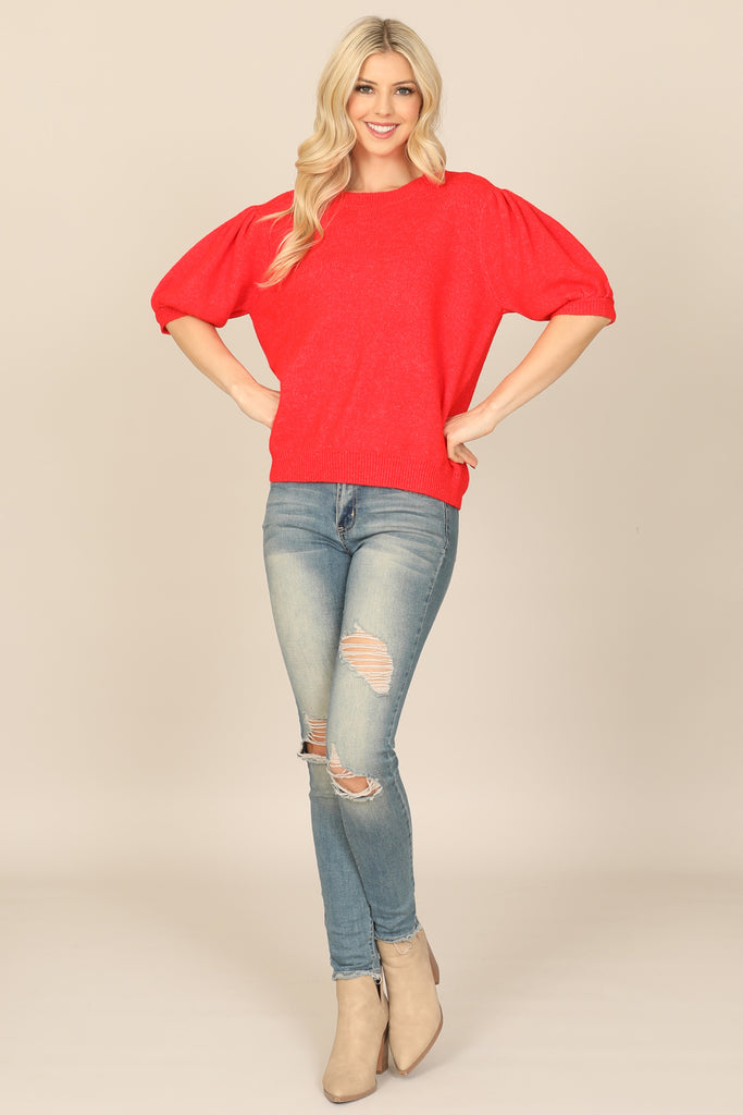 KNITTED HALF PUFF SLEEVE ROUND NECK TOP