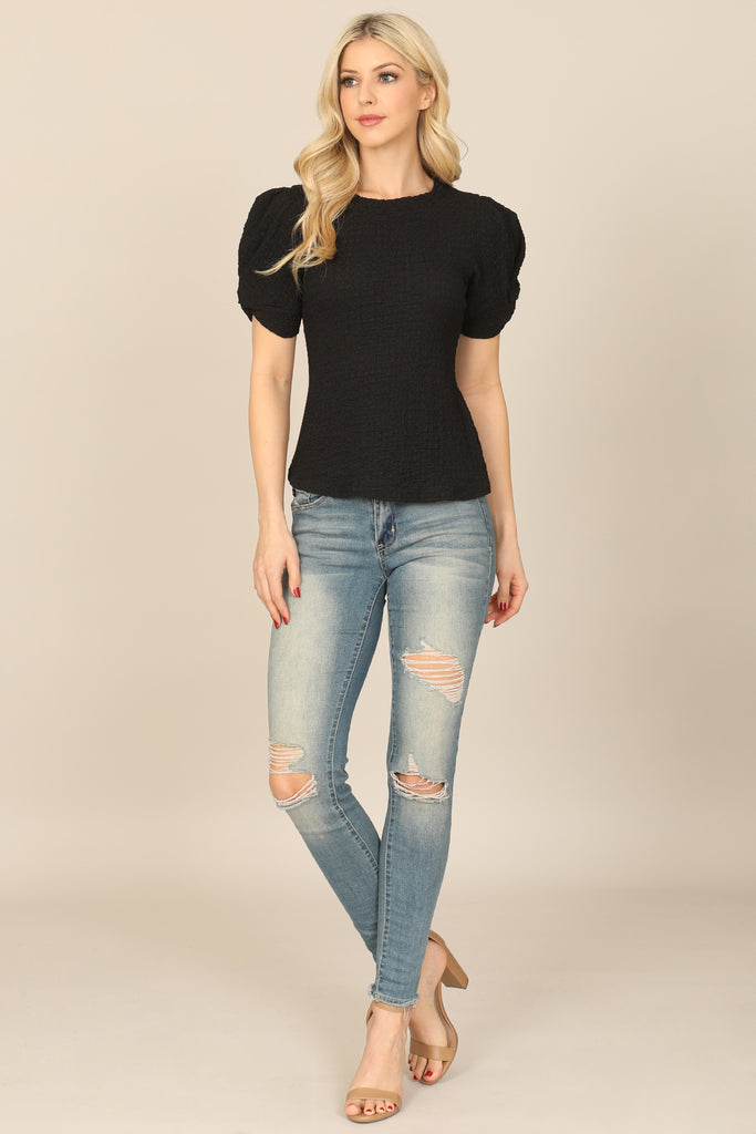 TWIST PUFF SLEEVE BARK CREPE TOP