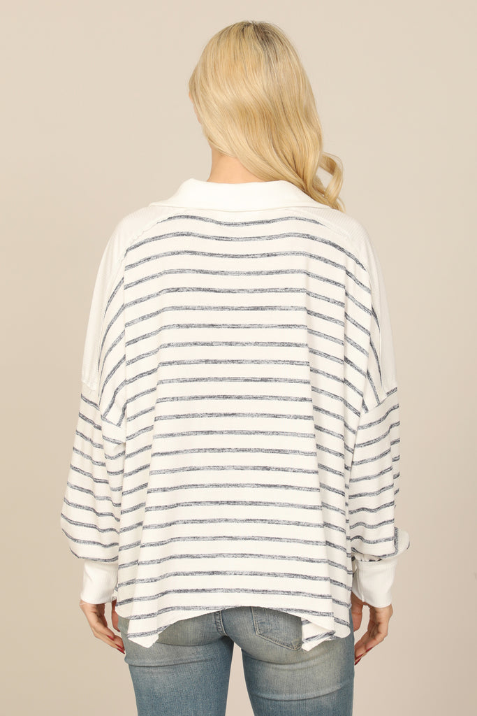 STRIPE LONG SLEEVE COLLARED NOTCH NECK TOP