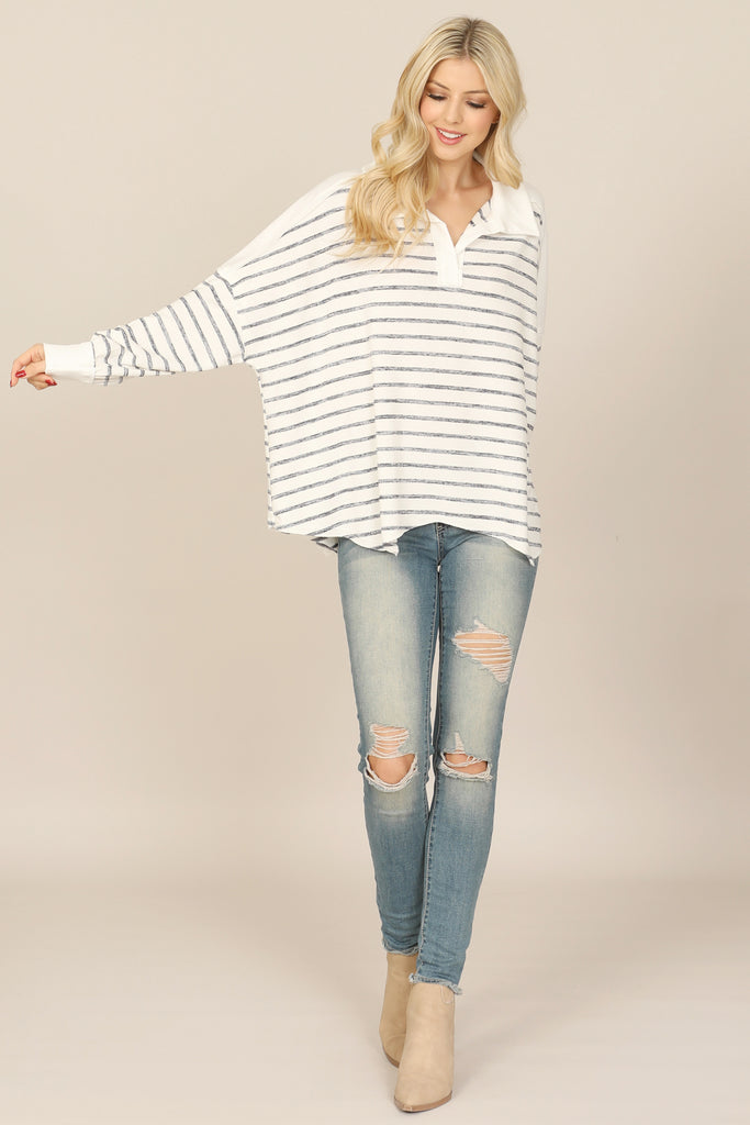 STRIPE LONG SLEEVE COLLARED NOTCH NECK TOP