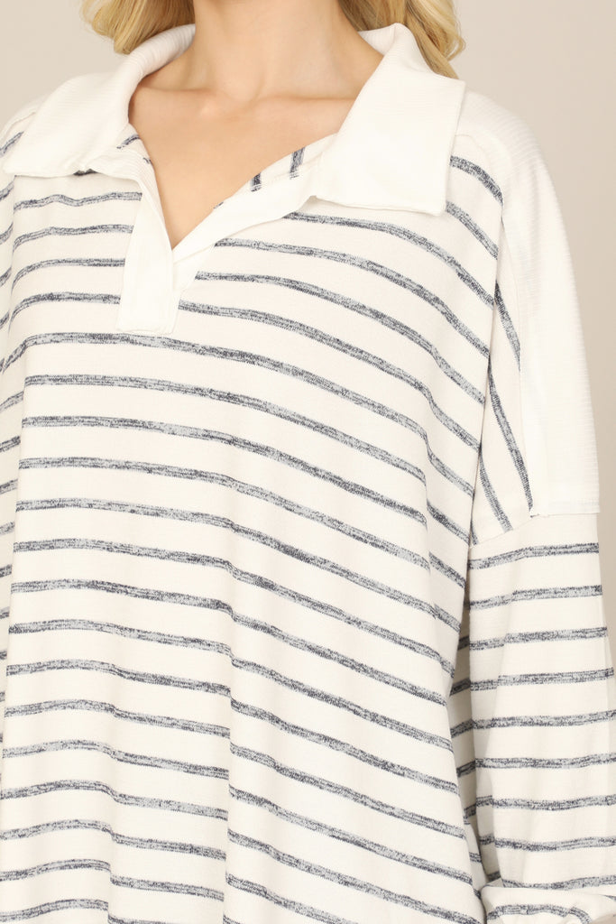 STRIPE LONG SLEEVE COLLARED NOTCH NECK TOP