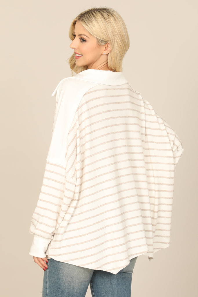 STRIPE LONG SLEEVE COLLARED NOTCH NECK TOP