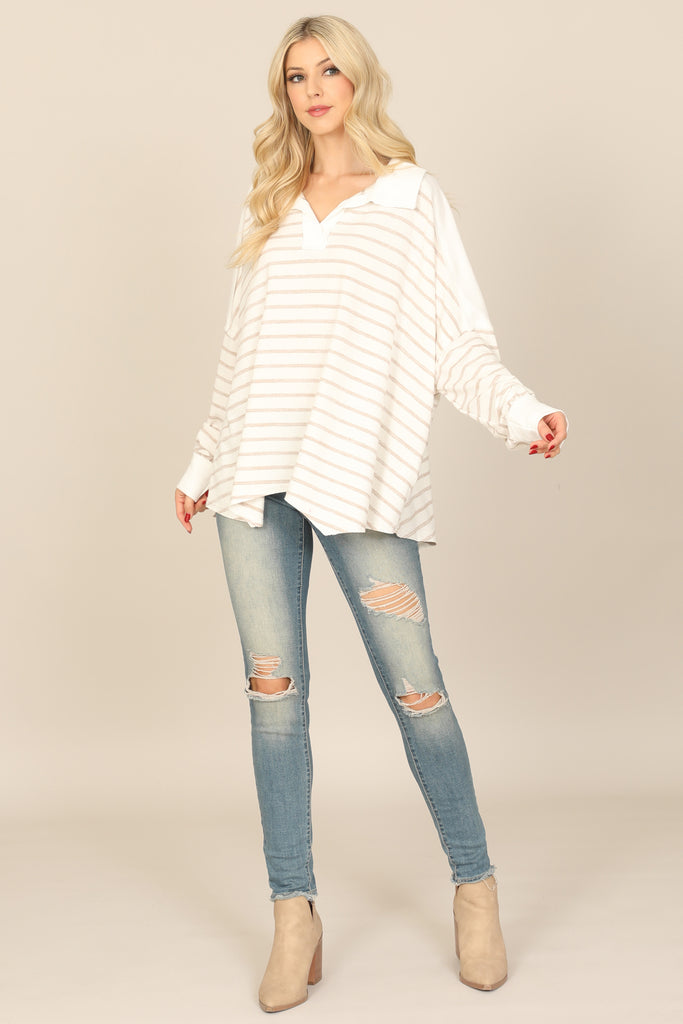 STRIPE LONG SLEEVE COLLARED NOTCH NECK TOP