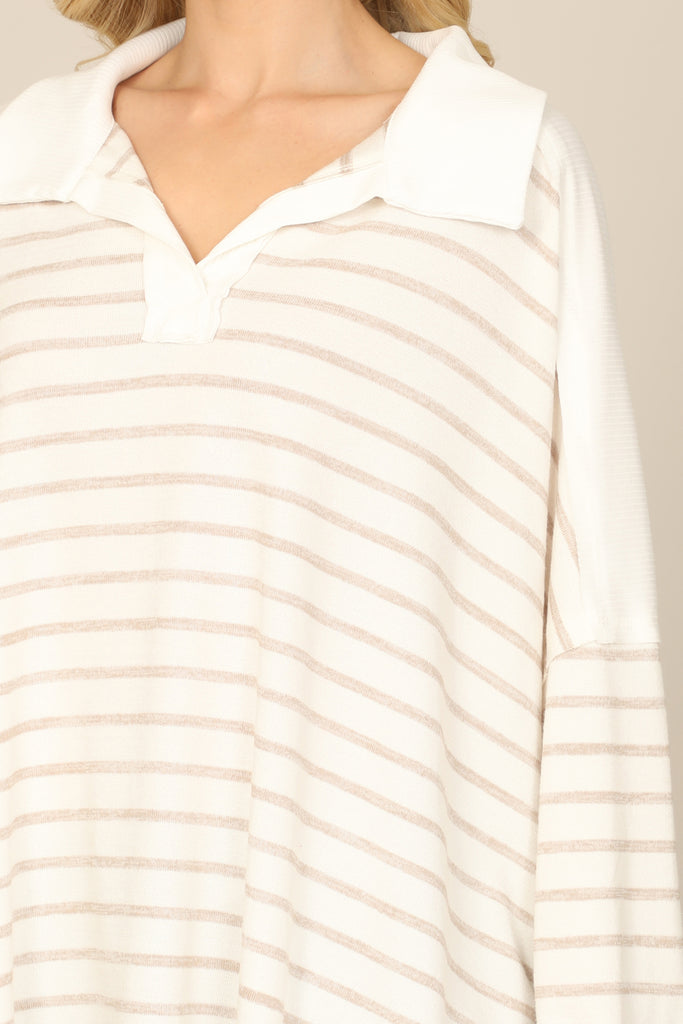 STRIPE LONG SLEEVE COLLARED NOTCH NECK TOP