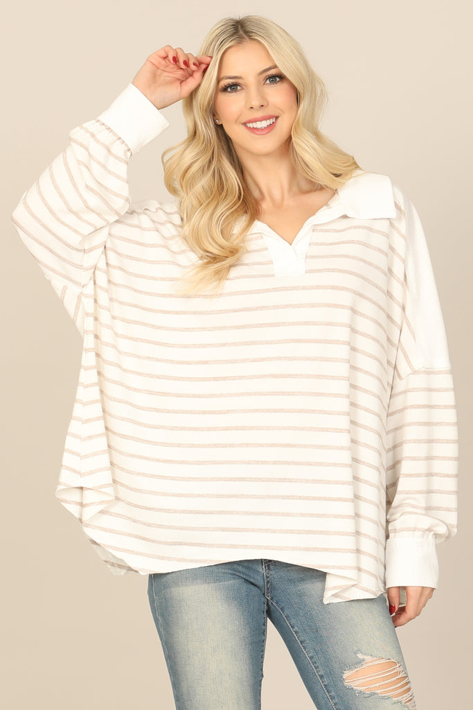 STRIPE LONG SLEEVE COLLARED NOTCH NECK TOP