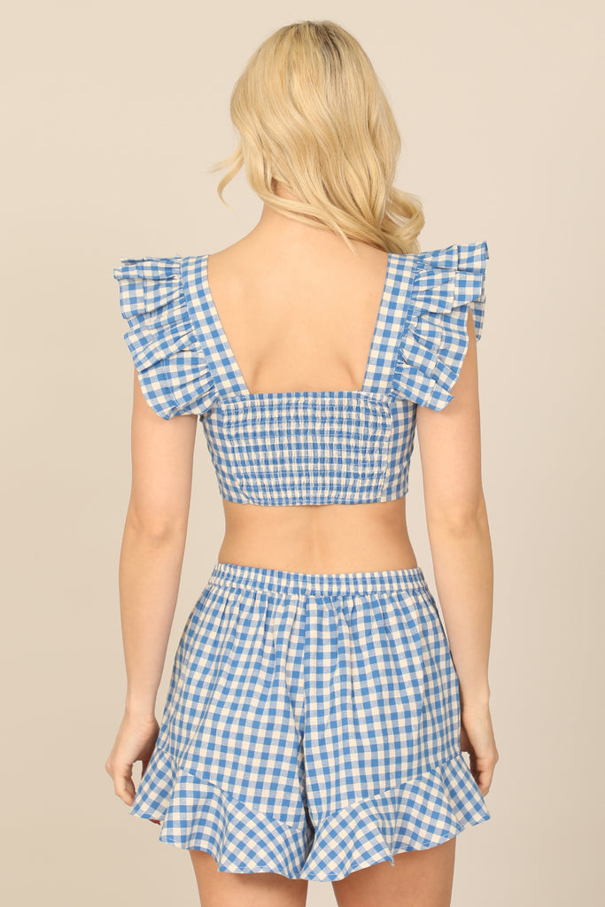 PLAID RUFFLE CROP TOP WAIST TIE SHORT SET