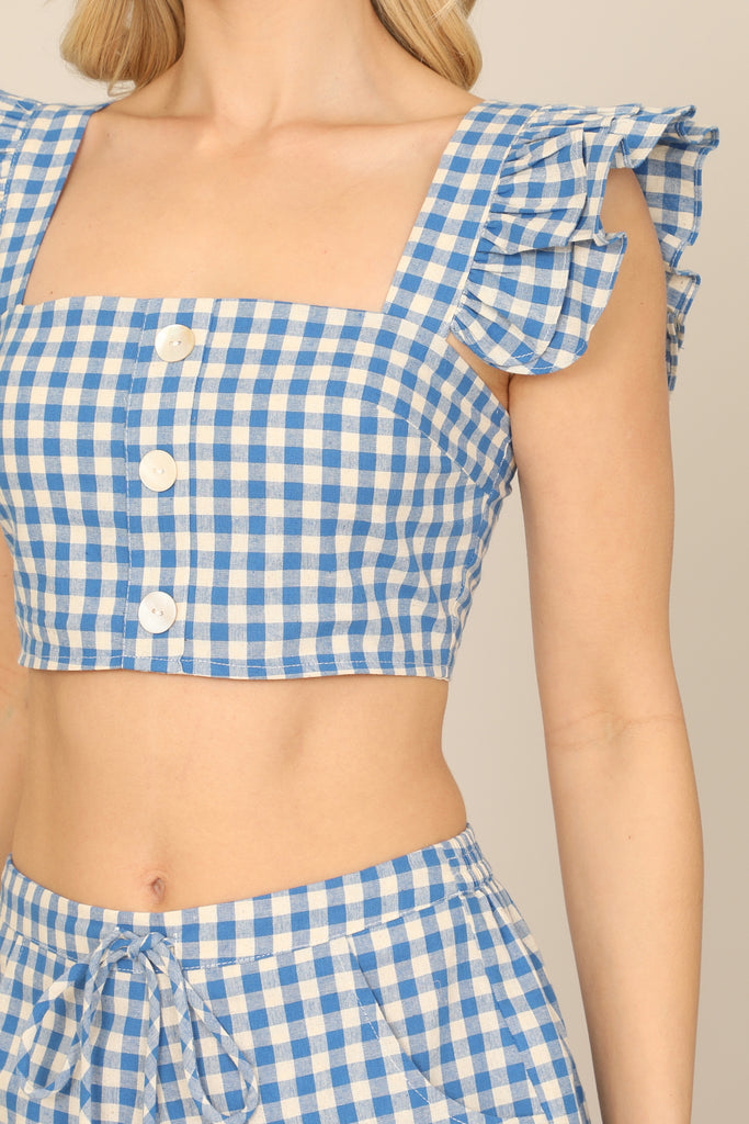 PLAID RUFFLE CROP TOP WAIST TIE SHORT SET