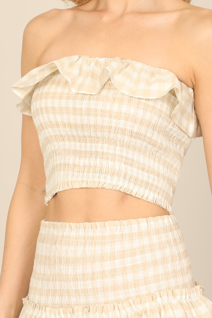 PLAID RUFFLE OFF-SHOULDER CROP TOP & SMOCKED SKIRT SET