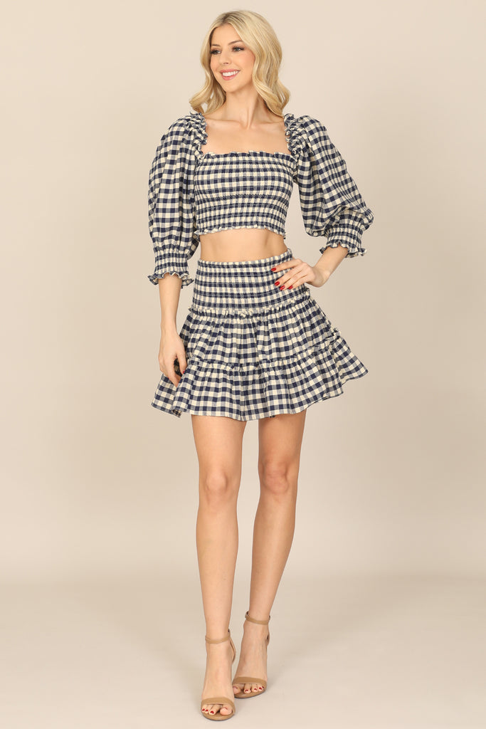 PLAID PUFF SLEEVE SMOCKED CROP TOP RUFFLE SKIRT SET