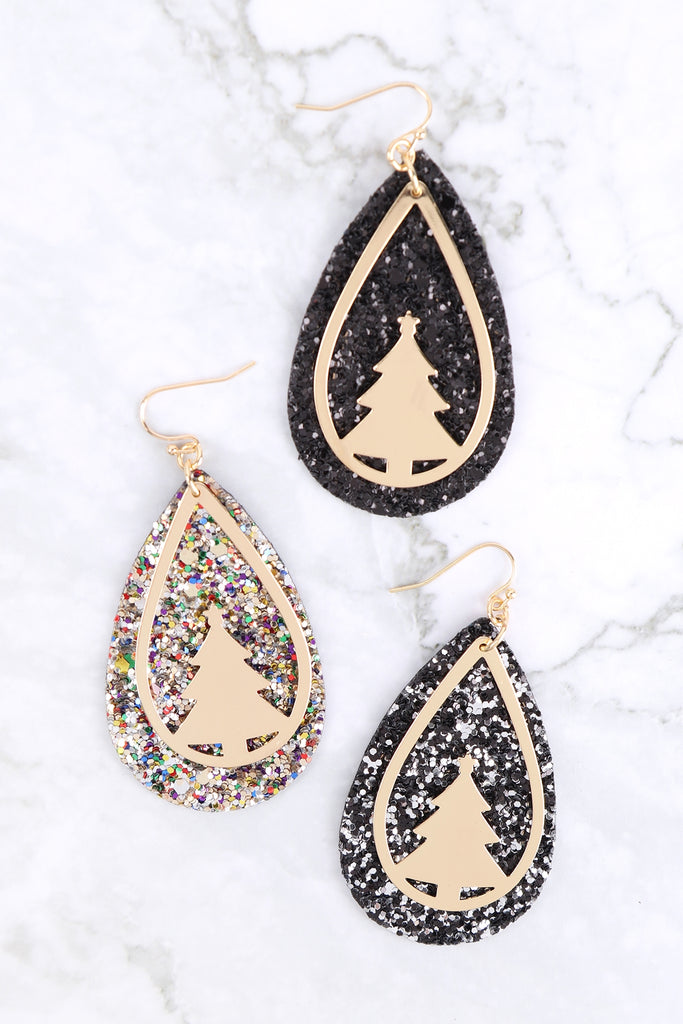 GLITTER CHRISTMAS TREE LAYERED TEARDROP EARRINGS