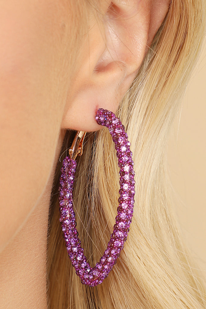 RHINESTONE GLITTER HOOP LOCK EARRINGS