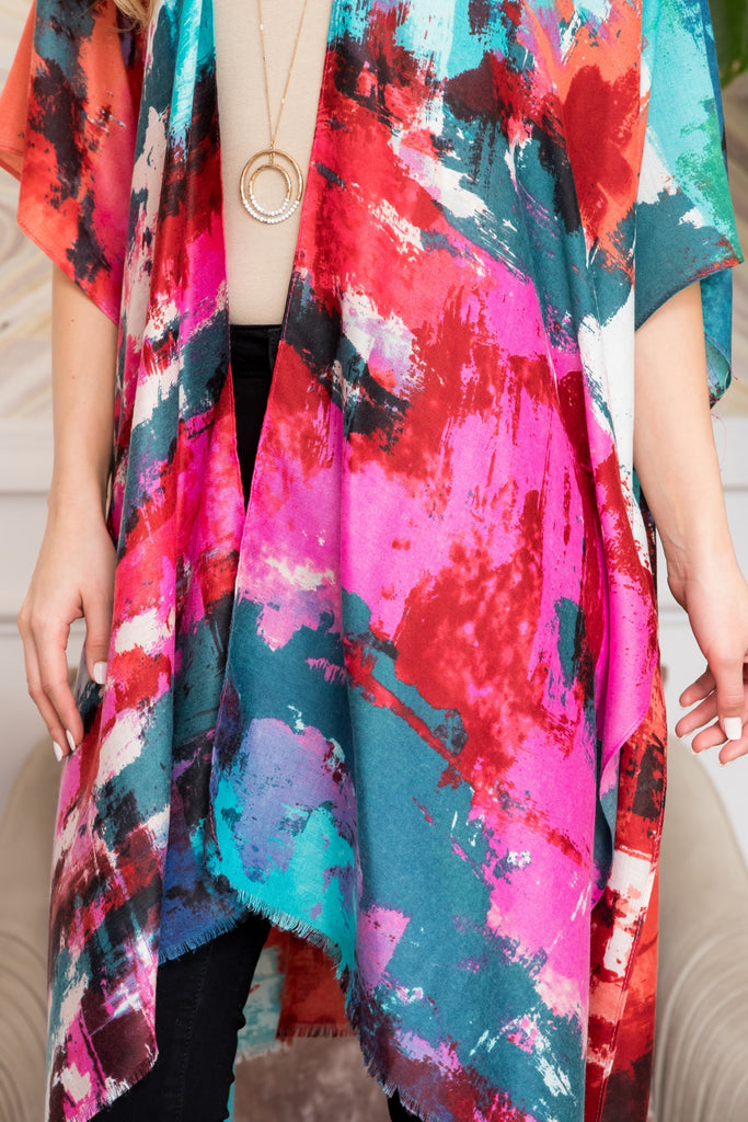 DISTRESSED PAINT STYLE OPEN FRONT KIMONO