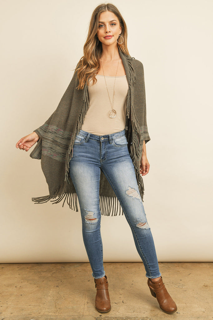 FRINGE STRIPE OPEN FRONT KIMONO