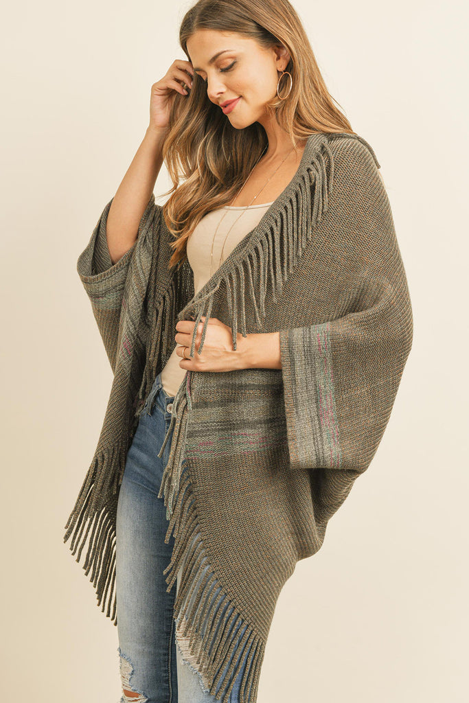 FRINGE STRIPE OPEN FRONT KIMONO