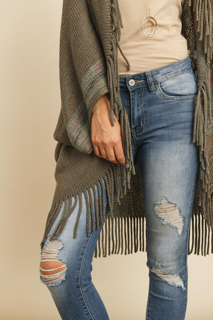 FRINGE STRIPE OPEN FRONT KIMONO