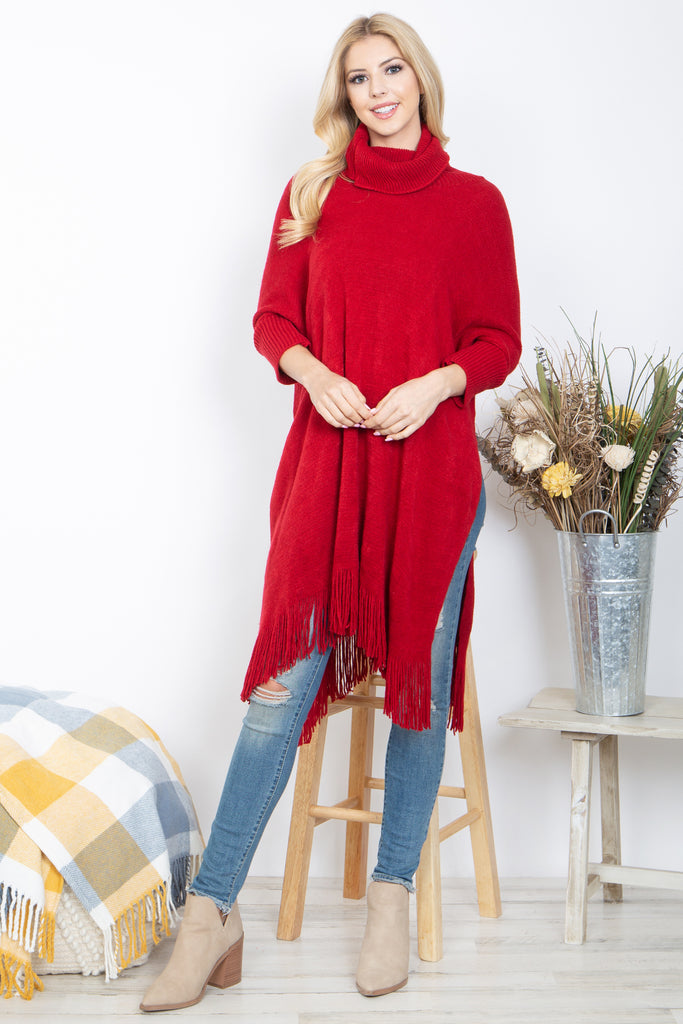 TURTLE NECK WITH SLEEVE KNIT FRINGE PONCHO