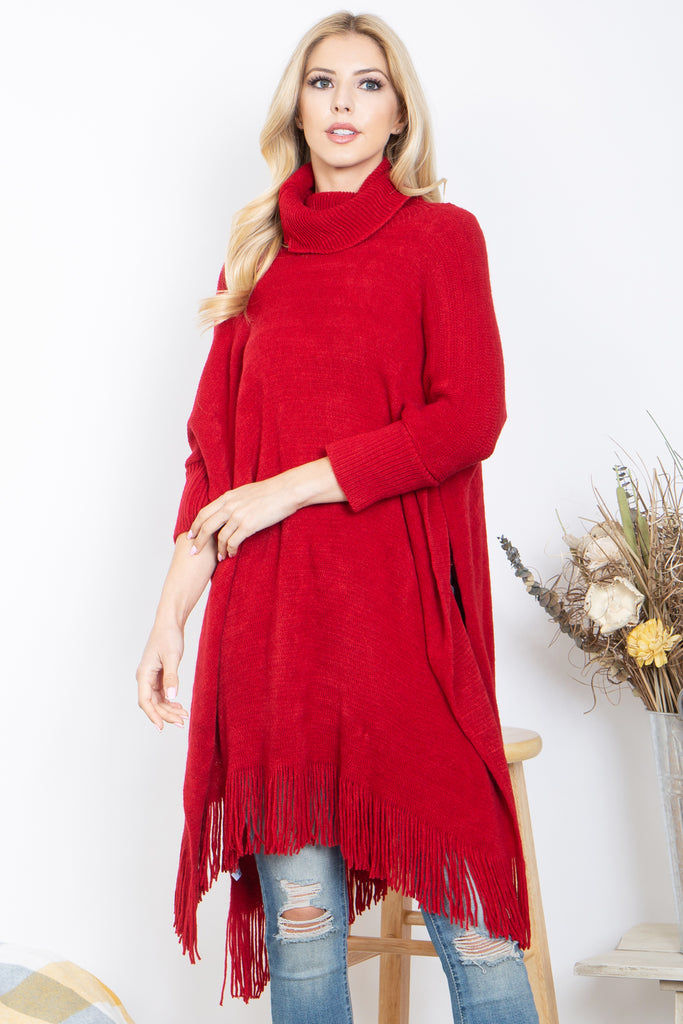 TURTLE NECK WITH SLEEVE KNIT FRINGE PONCHO