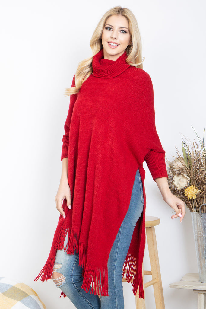 TURTLE NECK WITH SLEEVE KNIT FRINGE PONCHO