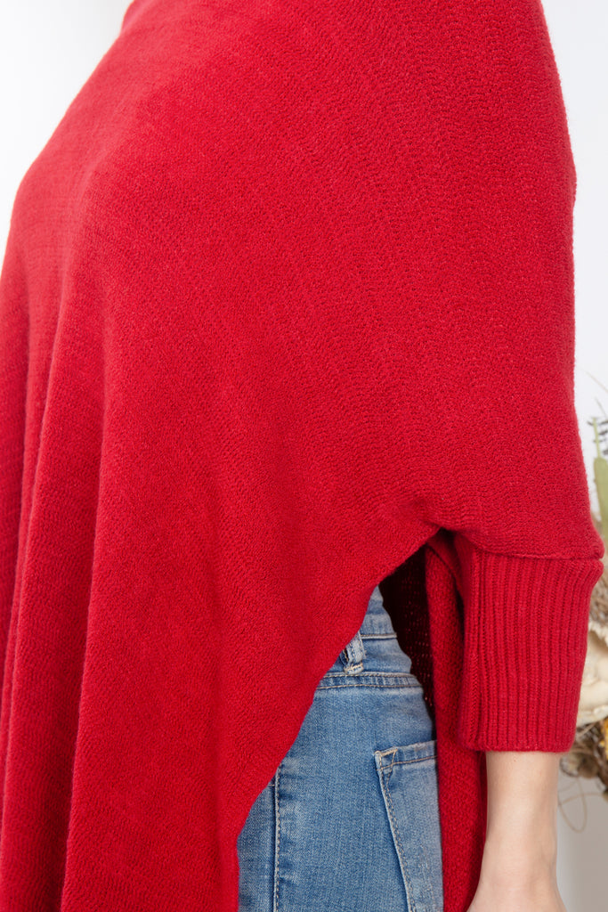 TURTLE NECK WITH SLEEVE KNIT FRINGE PONCHO