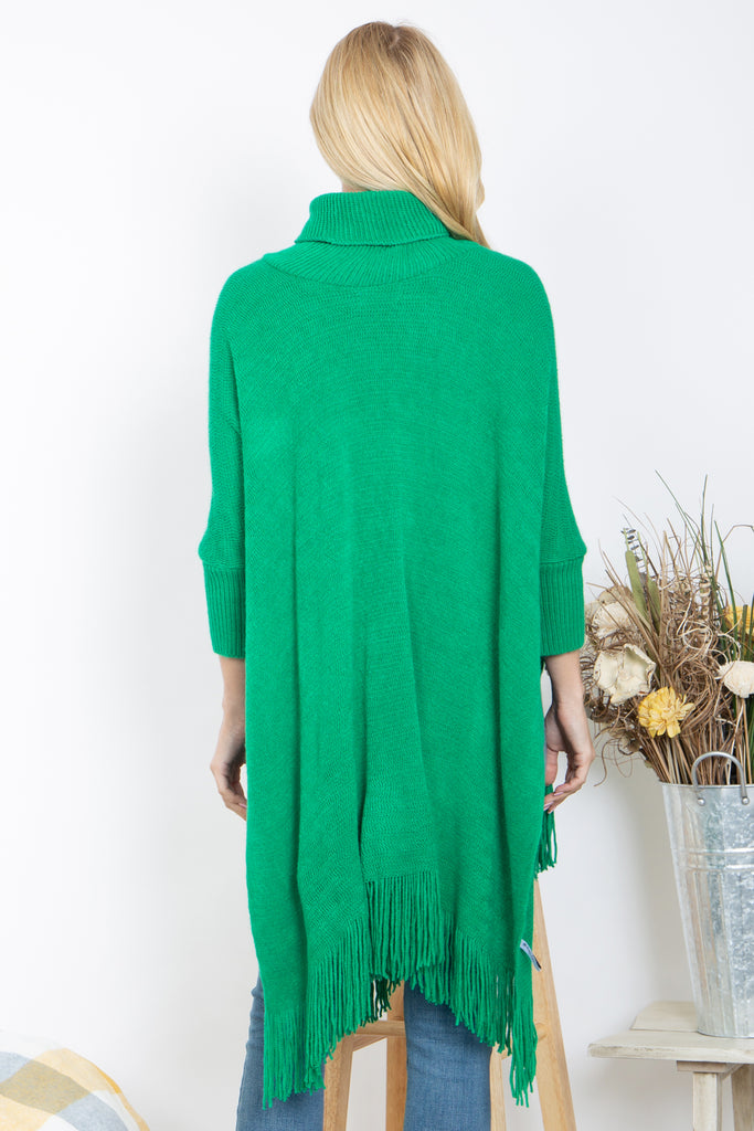 TURTLE NECK WITH SLEEVE KNIT FRINGE PONCHO