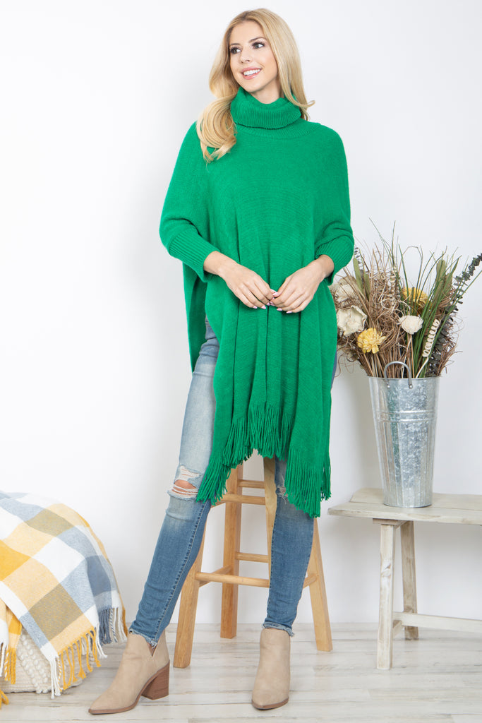 TURTLE NECK WITH SLEEVE KNIT FRINGE PONCHO