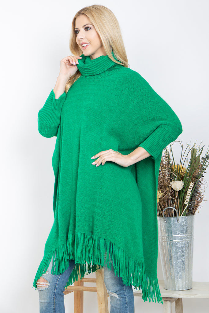 TURTLE NECK WITH SLEEVE KNIT FRINGE PONCHO