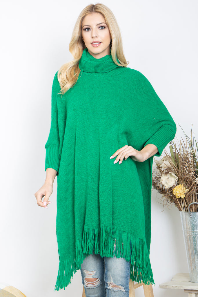 TURTLE NECK WITH SLEEVE KNIT FRINGE PONCHO