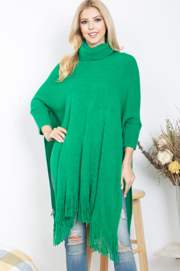 TURTLE NECK WITH SLEEVE KNIT FRINGE PONCHO