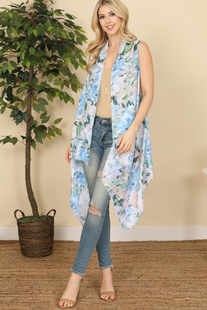 FLOWER PRINT OPEN FRONT KIMONO VEST