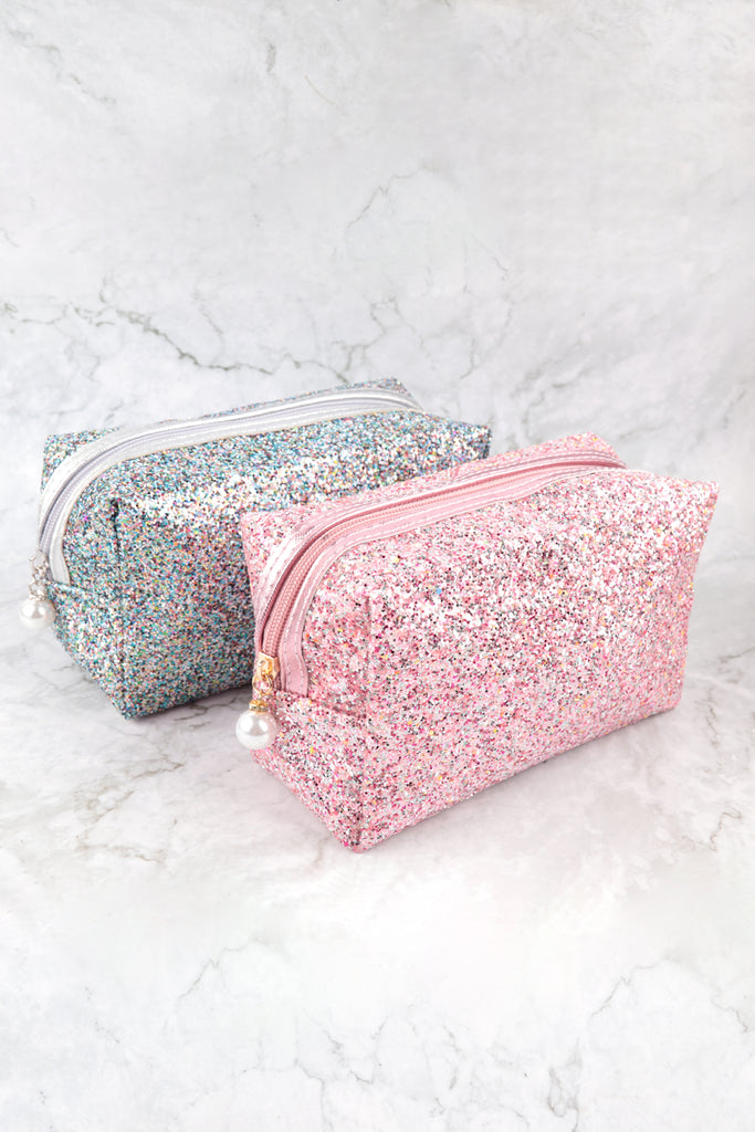 GLITTER PEARL ZIPPER COSMETIC BAG