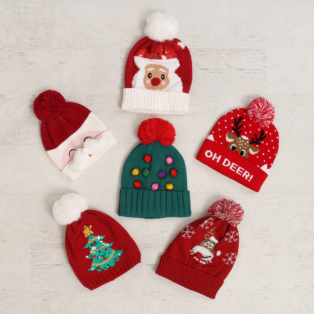 CHRISTMAS HOLIDAY ASSORTED DESIGNS POMPOM BEANIE