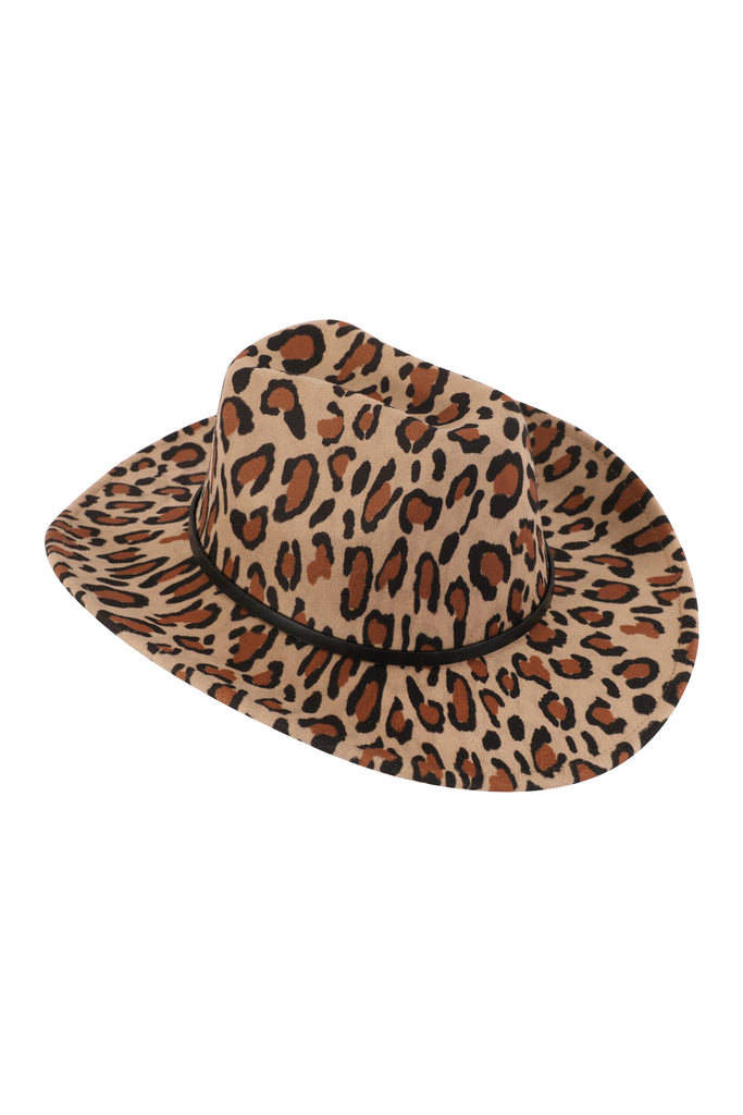 LEOPARD PRINT FEDORA HAT WITH LEATHER BAND